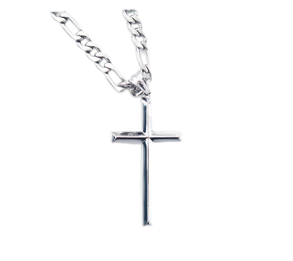 Beveled Cross Necklace – Figaro or Cuban Chain – 14K White Gold