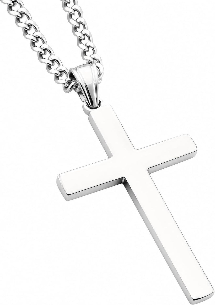 Flat Cross Necklace – 3mm Cuban Chain – Sterling Silver