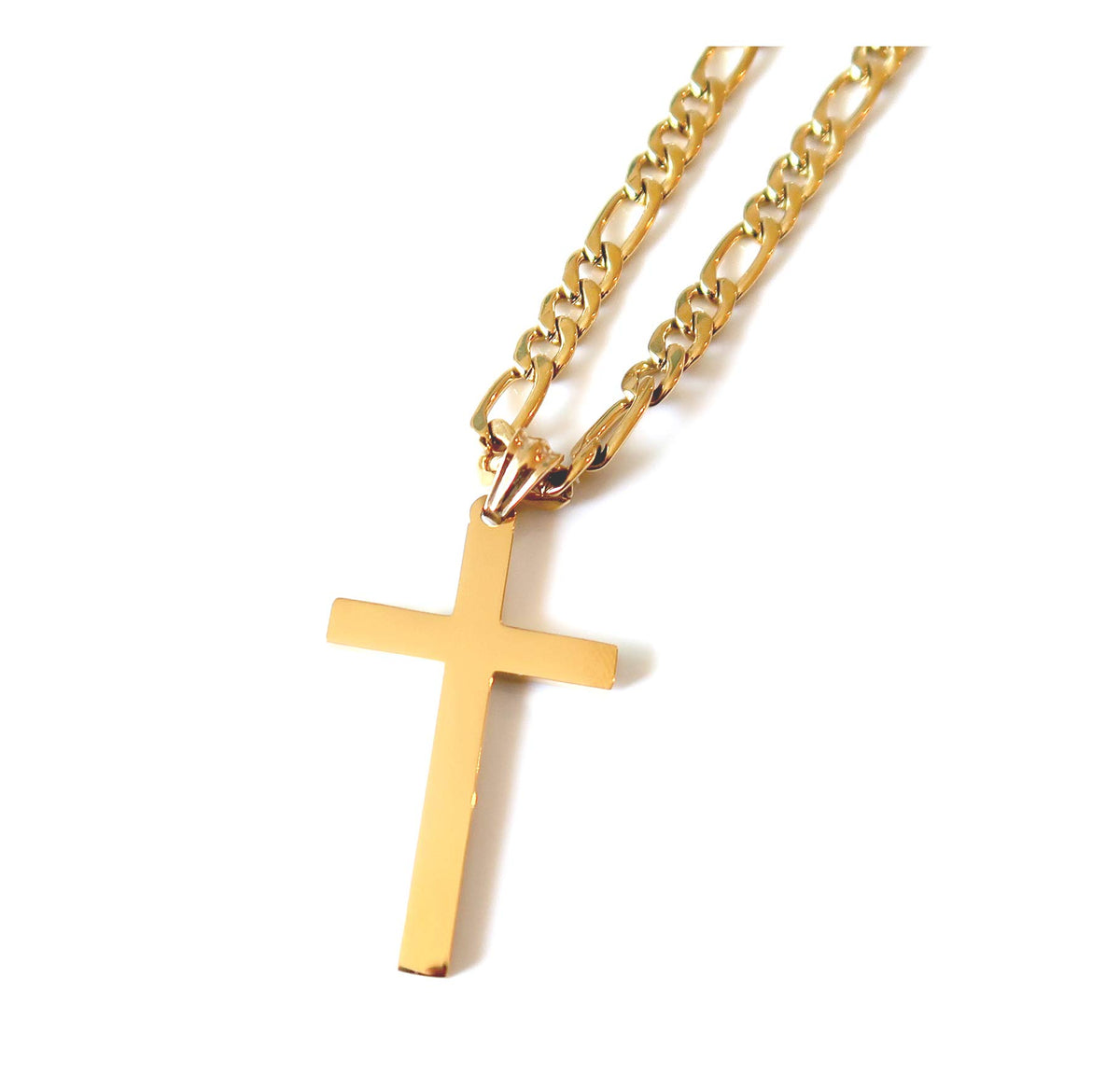 Flat Cross Necklace – Figaro Chain – 14K Gold