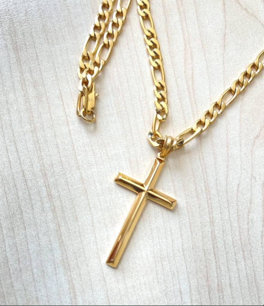 Beveled Cross Necklace – 5mm Figaro Chain – 18K Gold