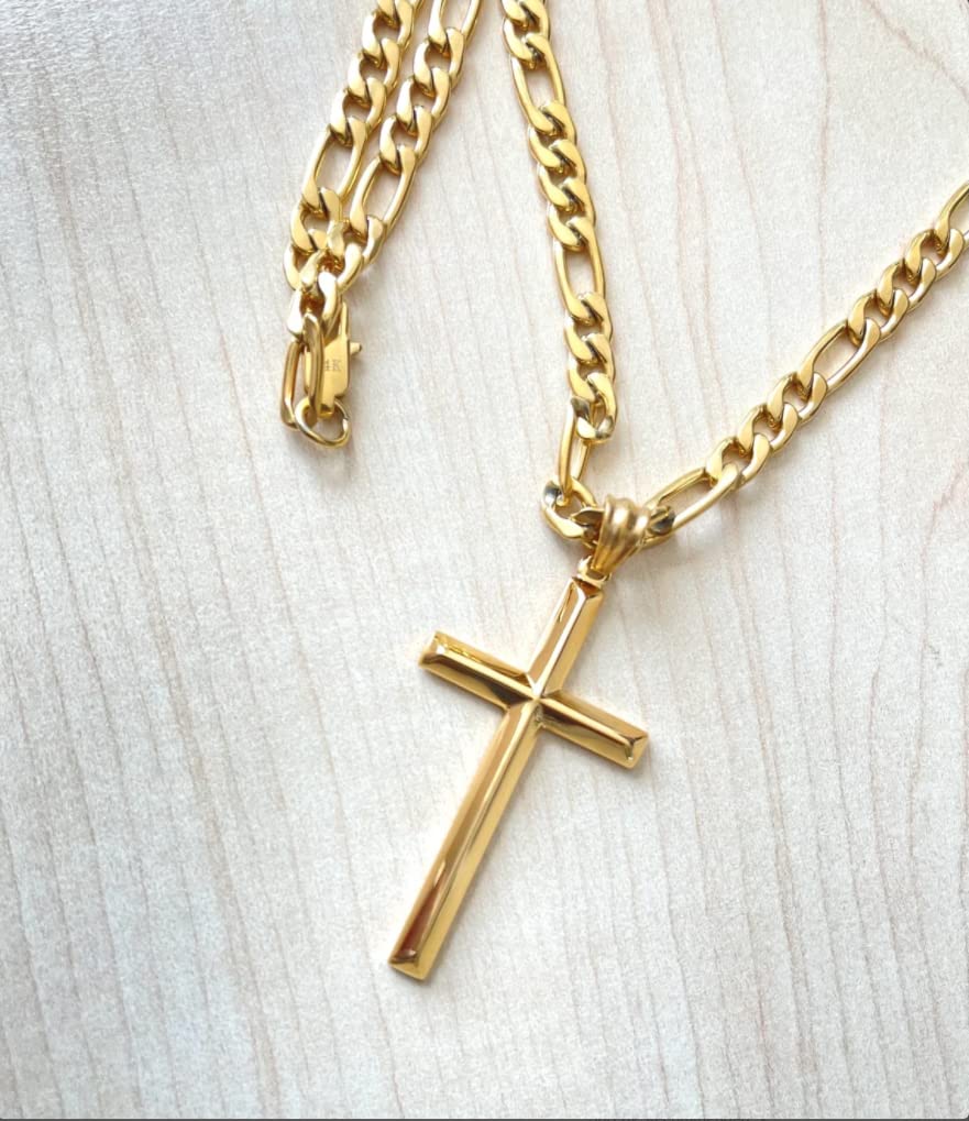 Beveled Cross Necklace – 5mm Figaro Chain – 18K Gold