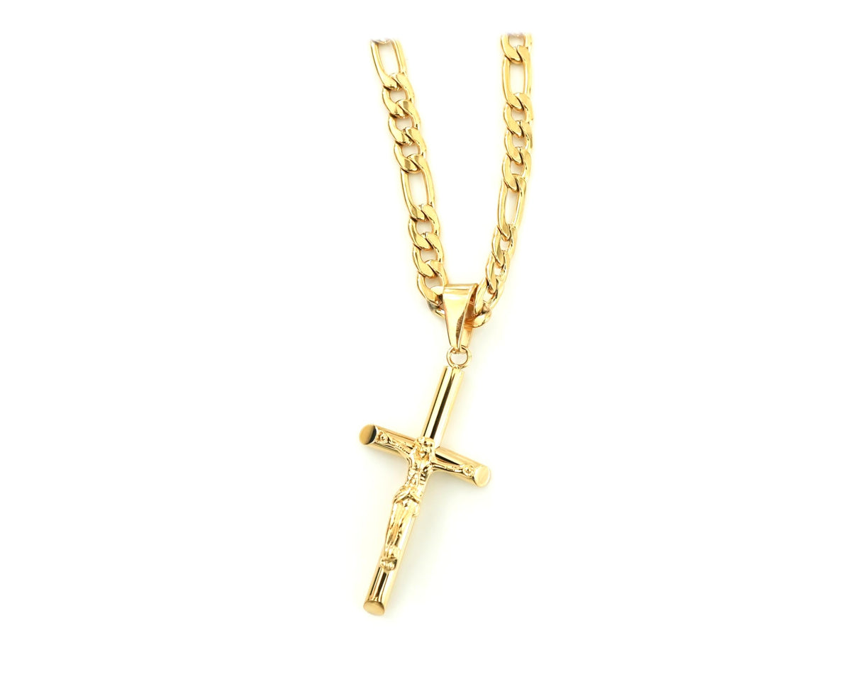 Small Crucifix Necklace – 5mm Figaro Chain – 18K Gold