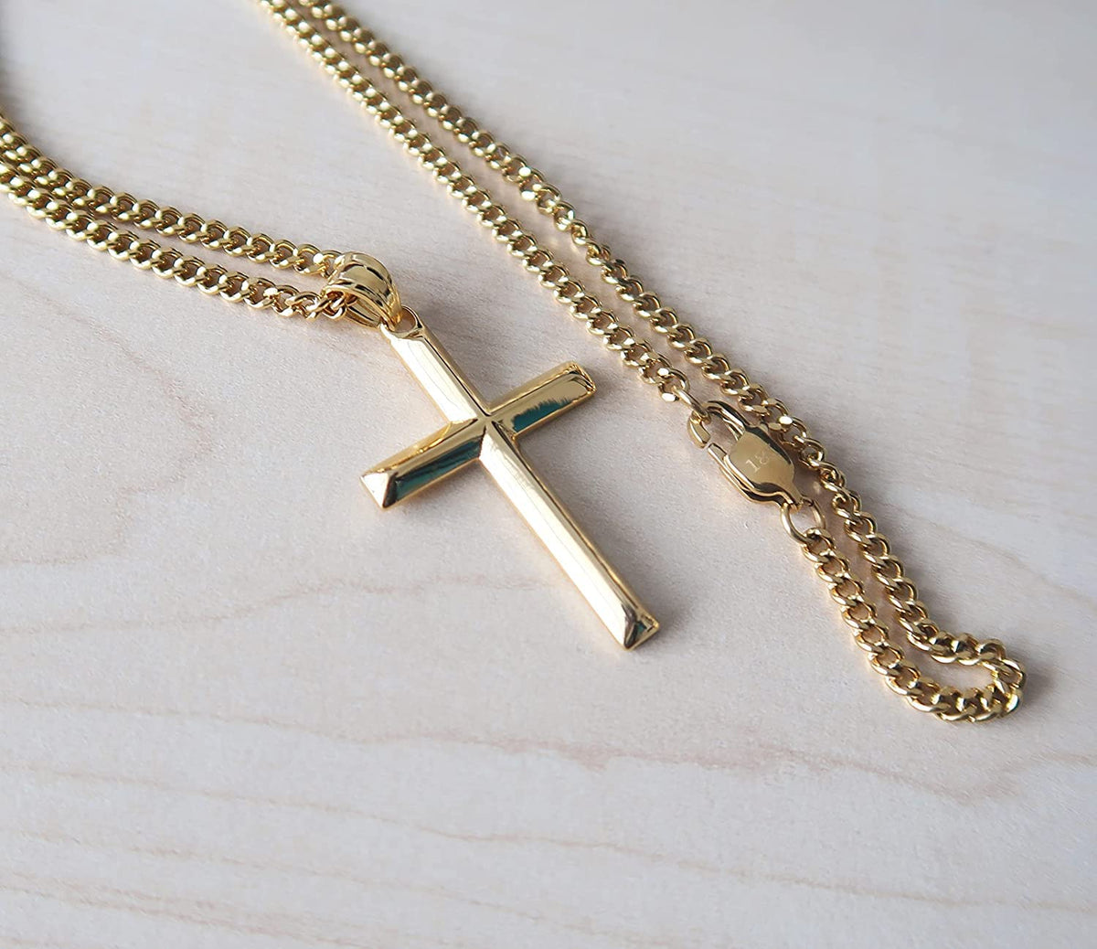 Small Beveled Cross Necklace – 3mm Cuban Chain – 14K Gold