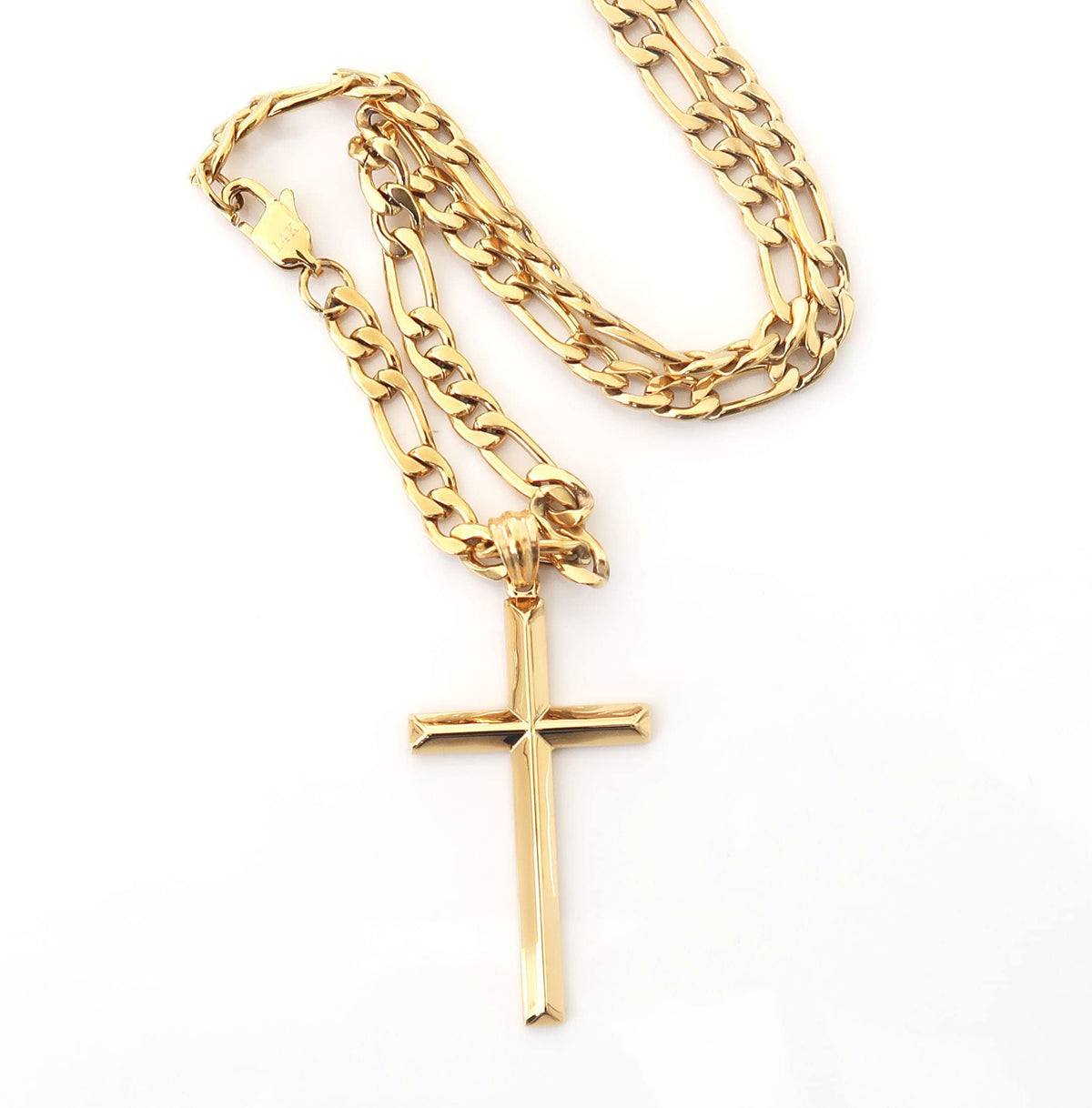 Beveled Cross Necklace – 5mm Figaro Chain – 18K Gold