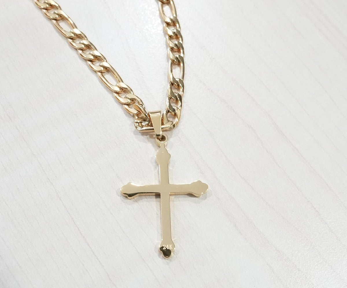 Budded Cross Necklace – 5mm Figaro Chain – 24K Gold