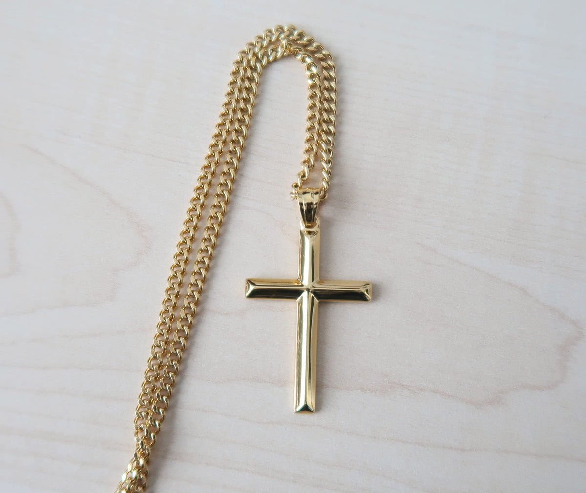 Small Beveled Cross Necklace – 3mm Cuban Chain – 18K Gold