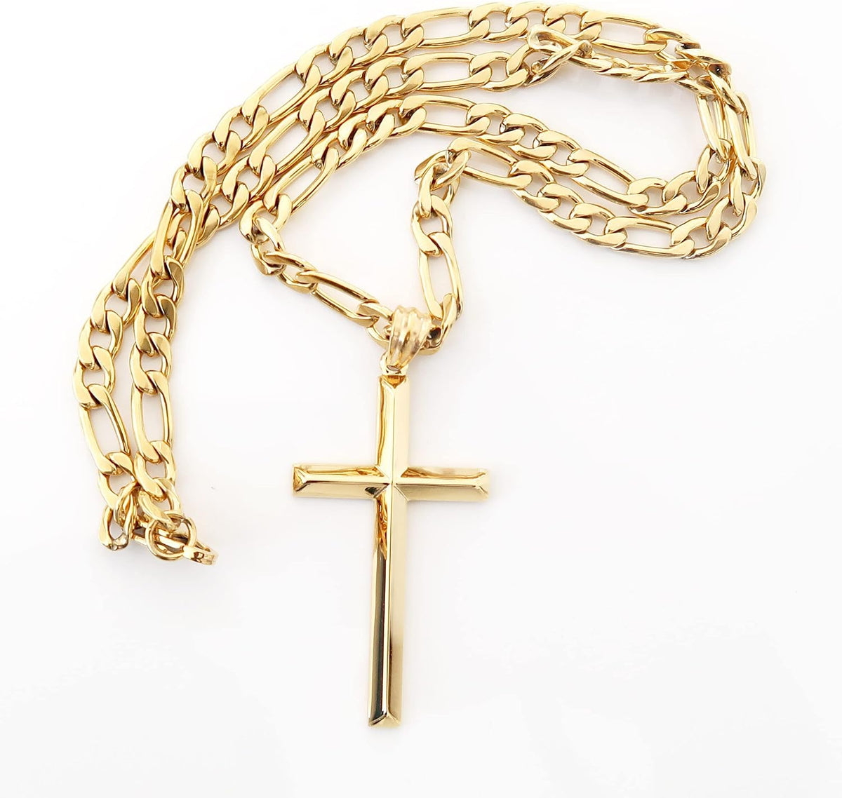 Beveled Cross Necklace – 5mm Figaro Chain – 18K Gold