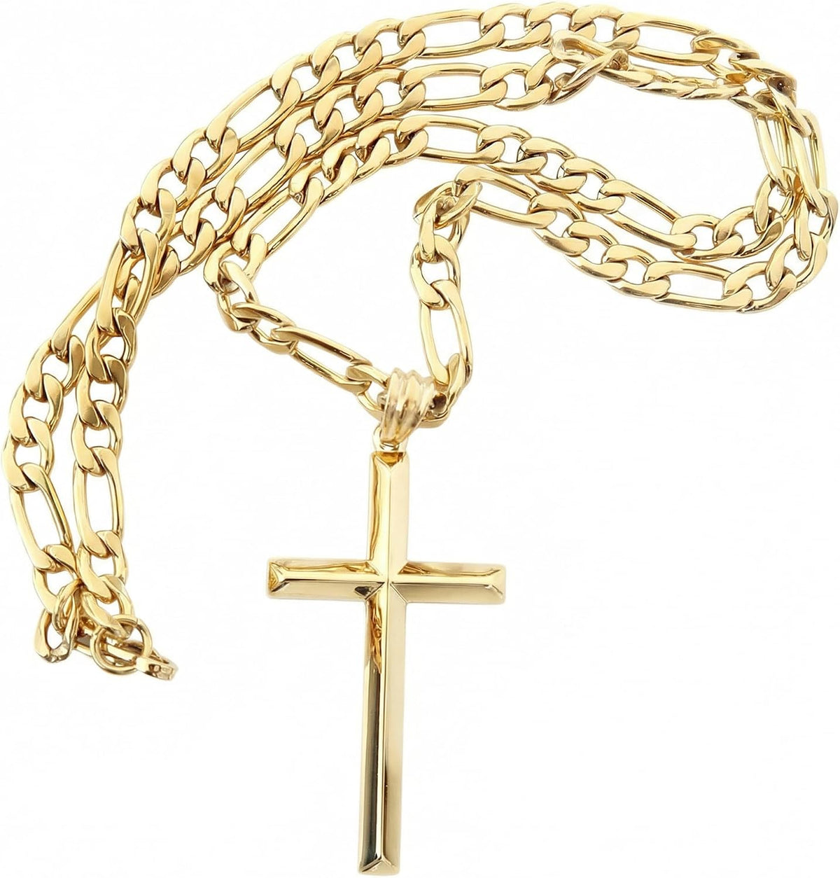 Beveled Cross Necklace – 4mm Figaro Chain – 14K Gold