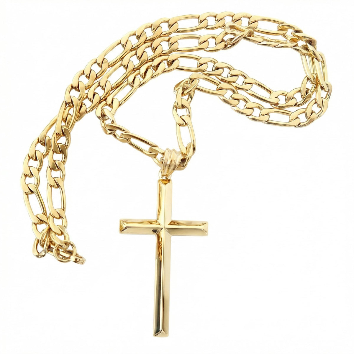 Beveled Cross Necklace – 4mm Figaro Chain – 14K Gold