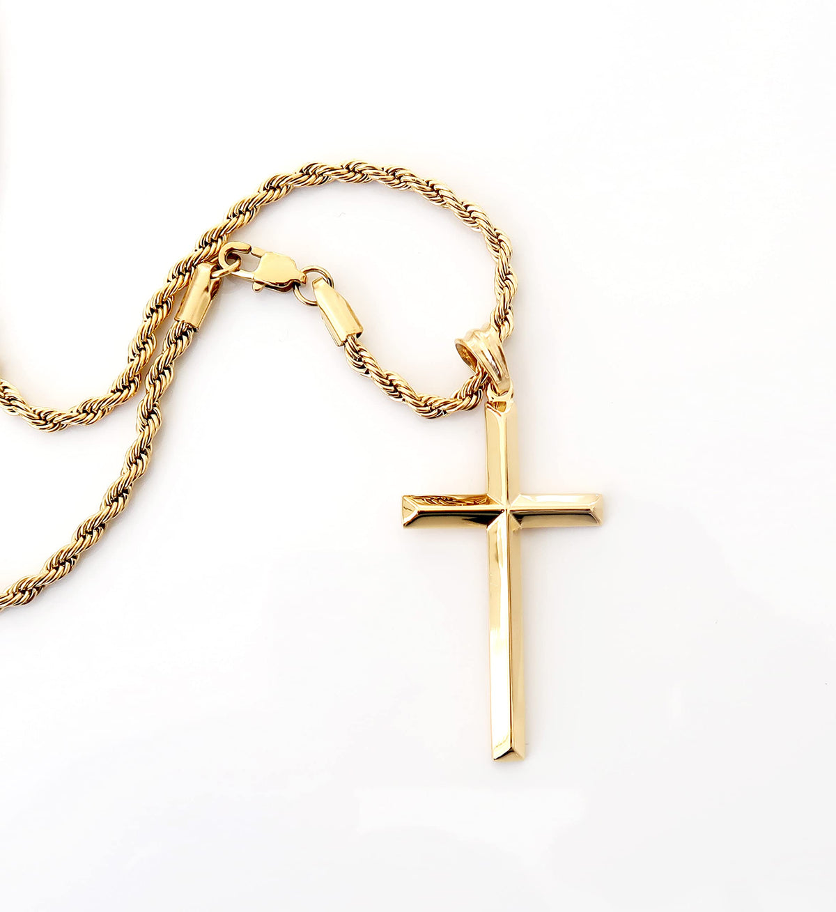 Beveled Cross Necklace – 3mm Rope Chain – 14K Gold