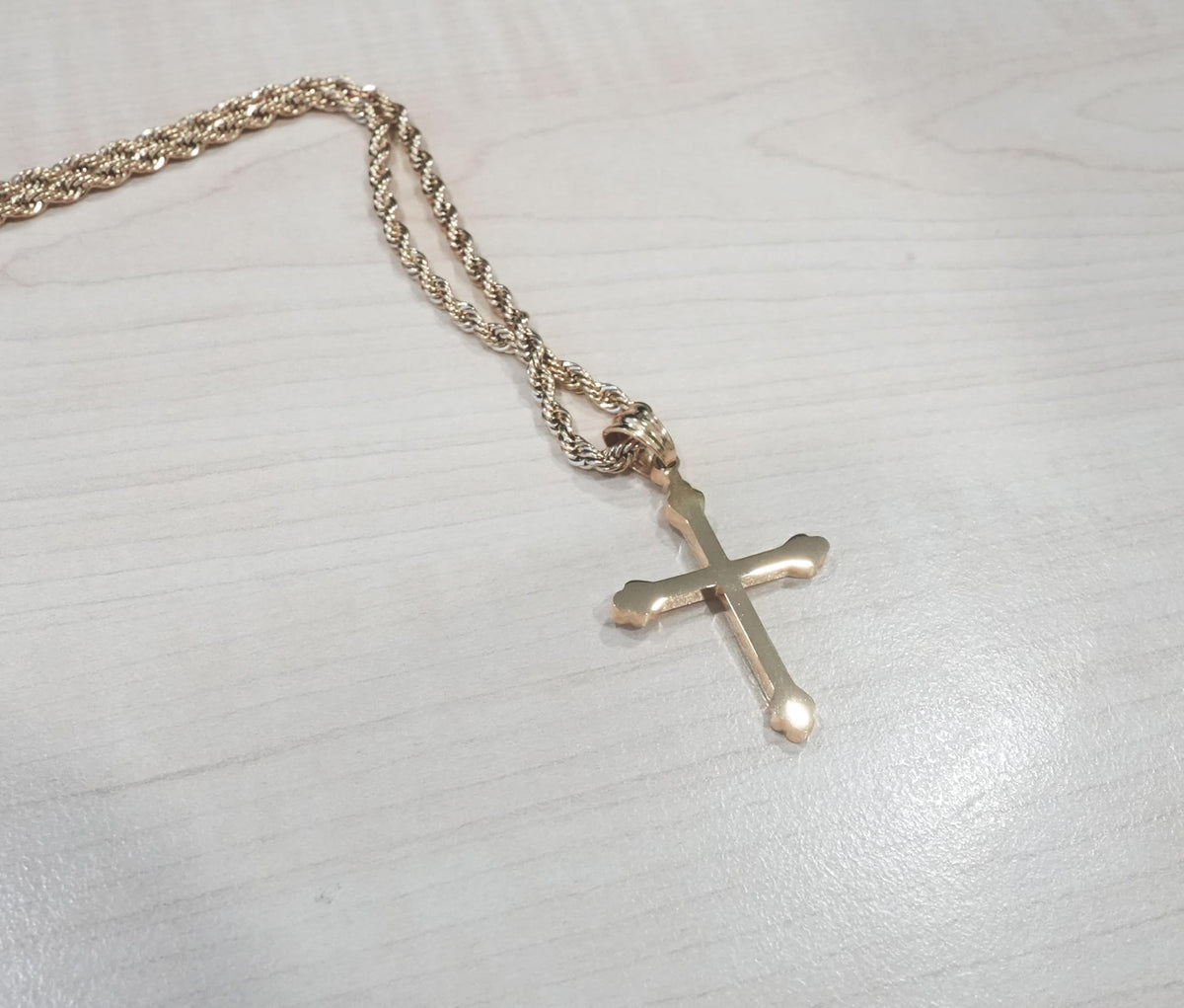 Budded Cross Necklace – 3mm Rope Chain – 14K Gold