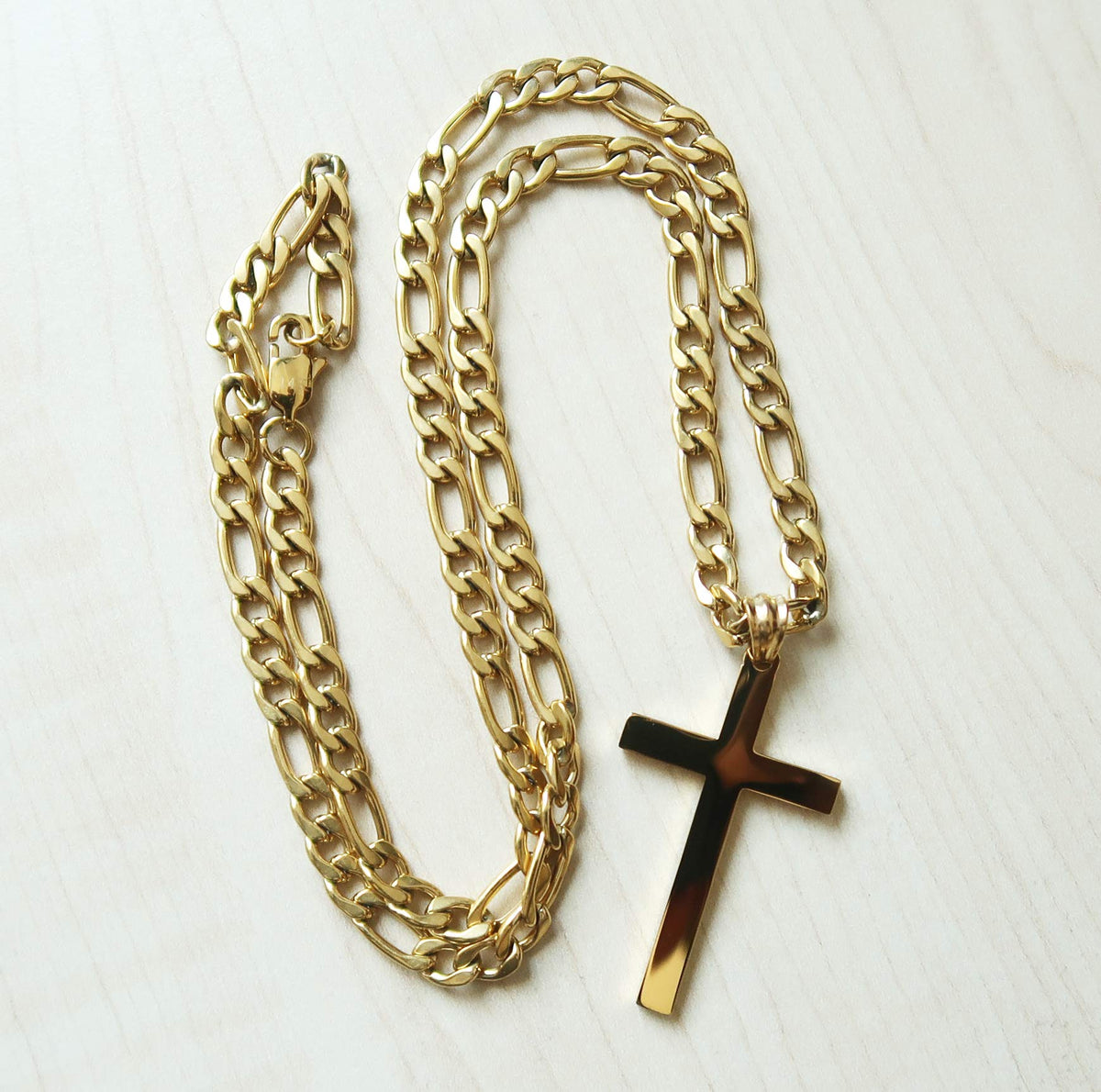 Flat Cross Necklace – Figaro Chain – 14K Gold