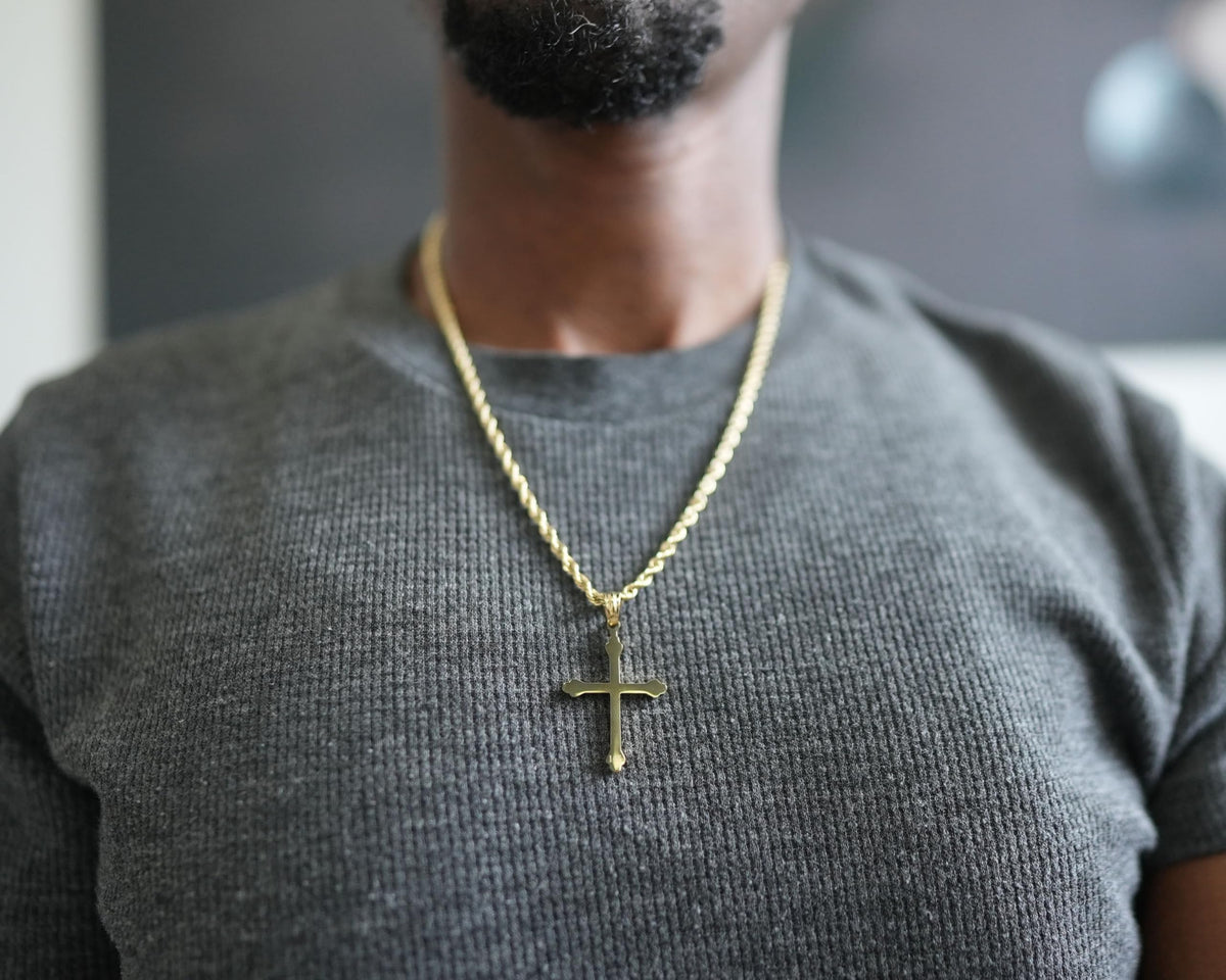 Budded Cross Necklace – 3mm Rope Chain – 18K Gold