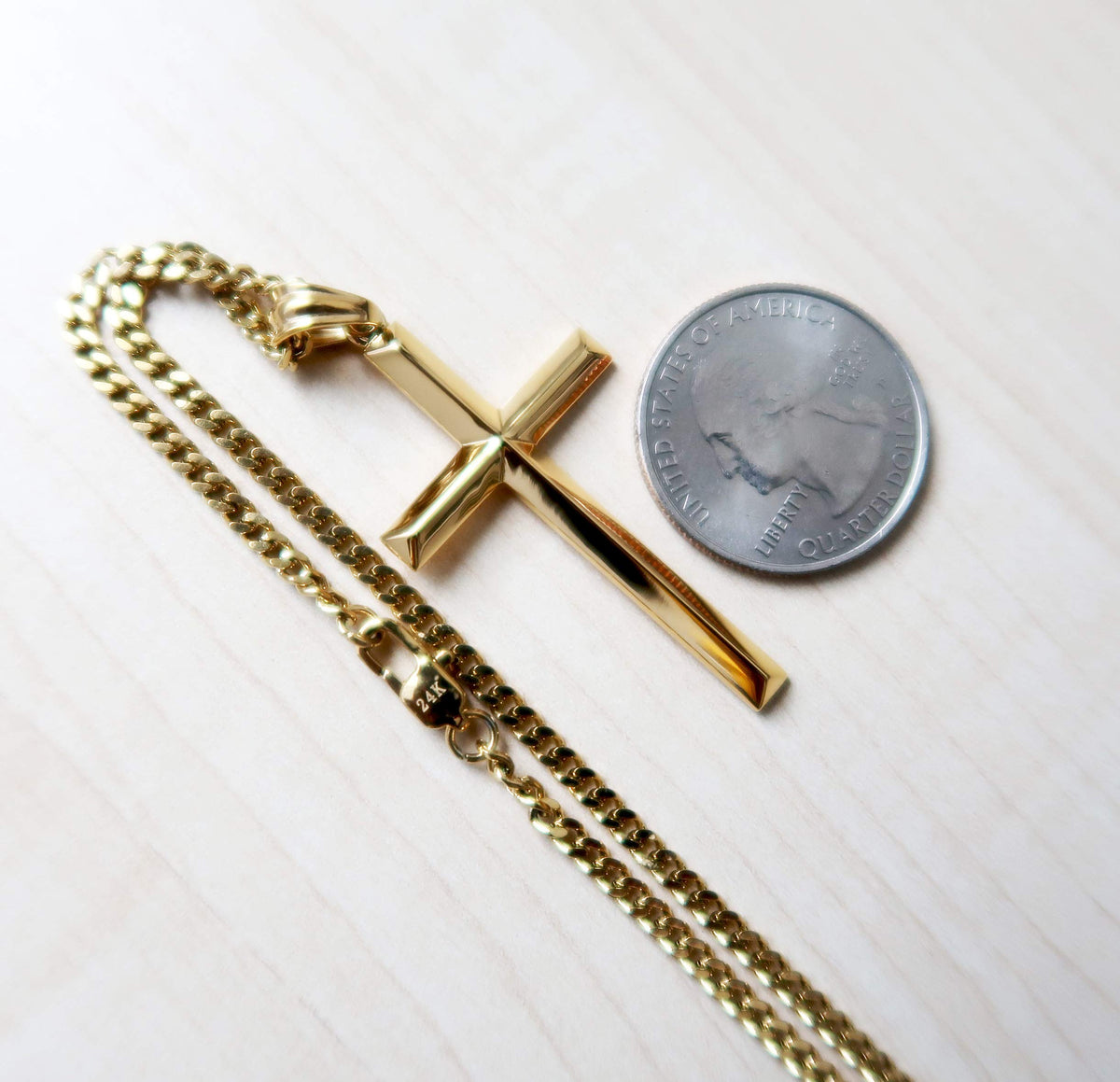 Small Beveled Cross Necklace – 24K Gold