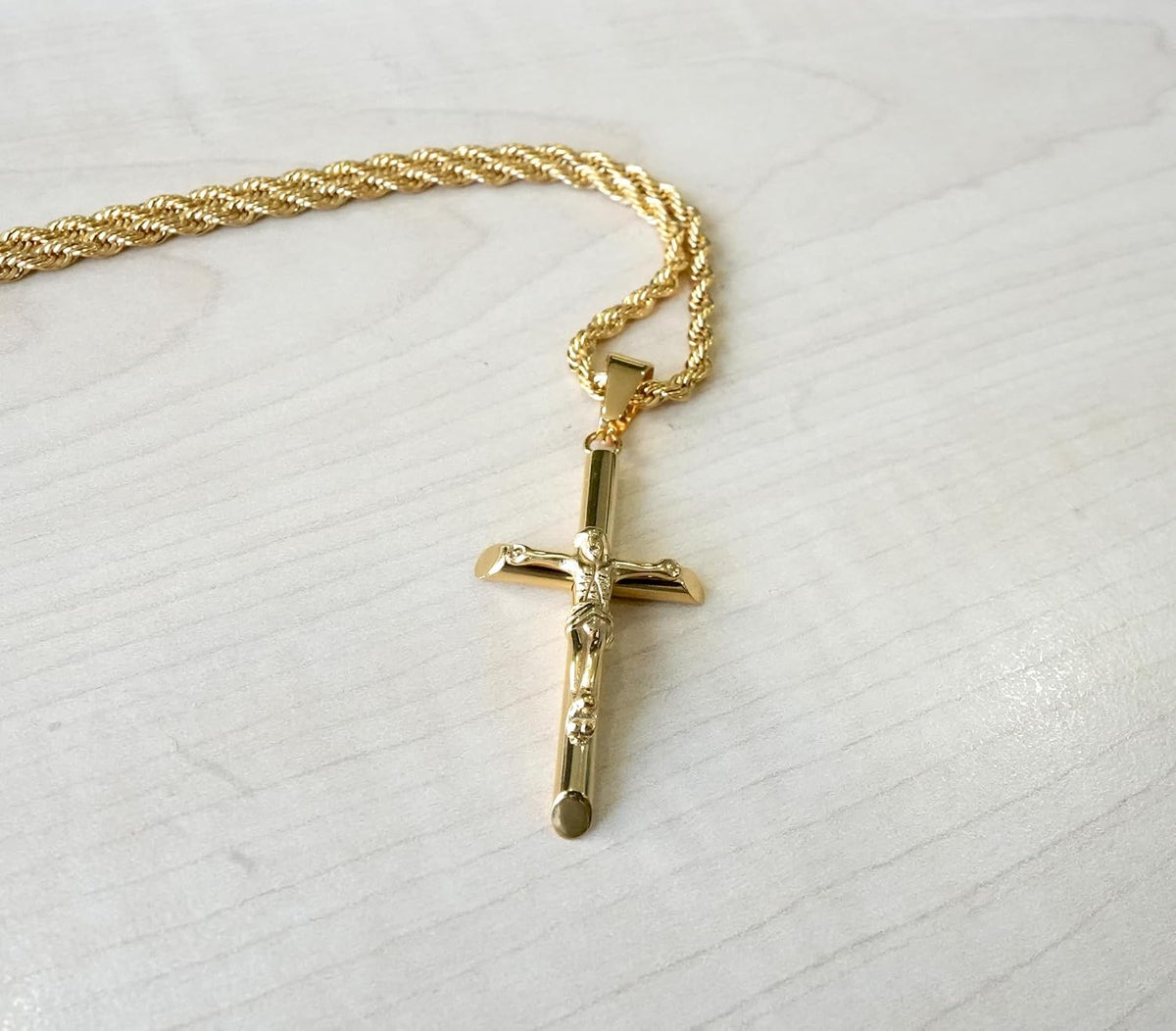 Crucifix Necklace – 3mm Rope Chain – 24K Gold