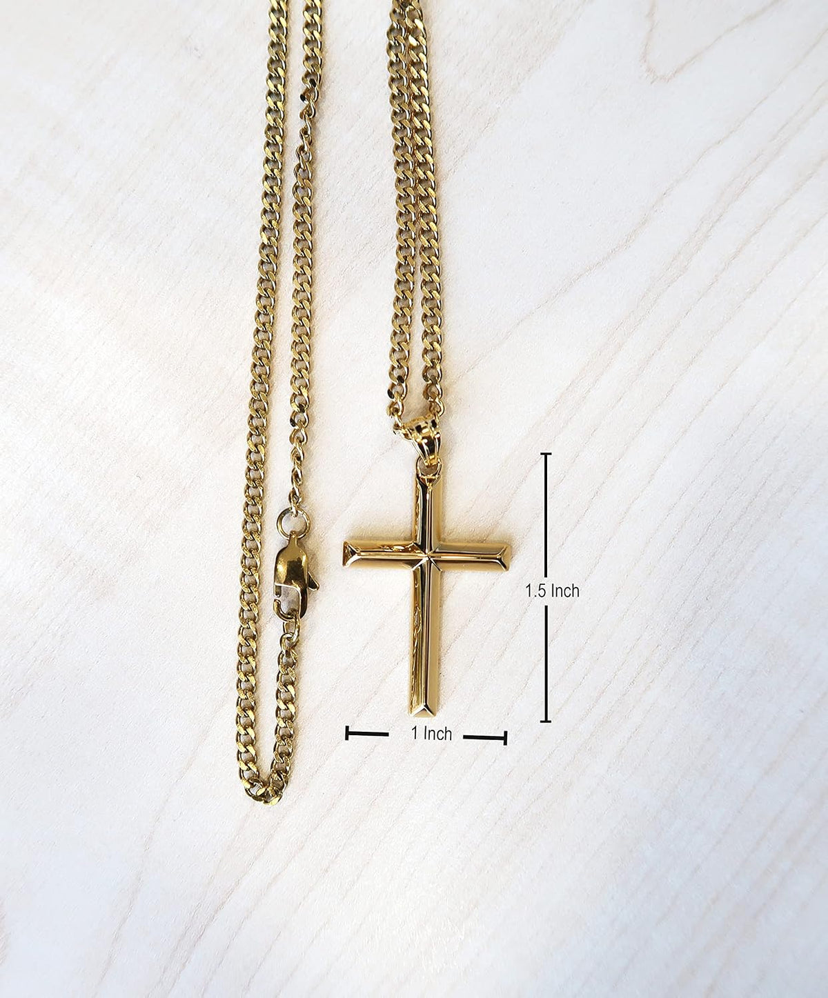 Small Beveled Cross Necklace – 3mm Cuban Chain – 14K Gold