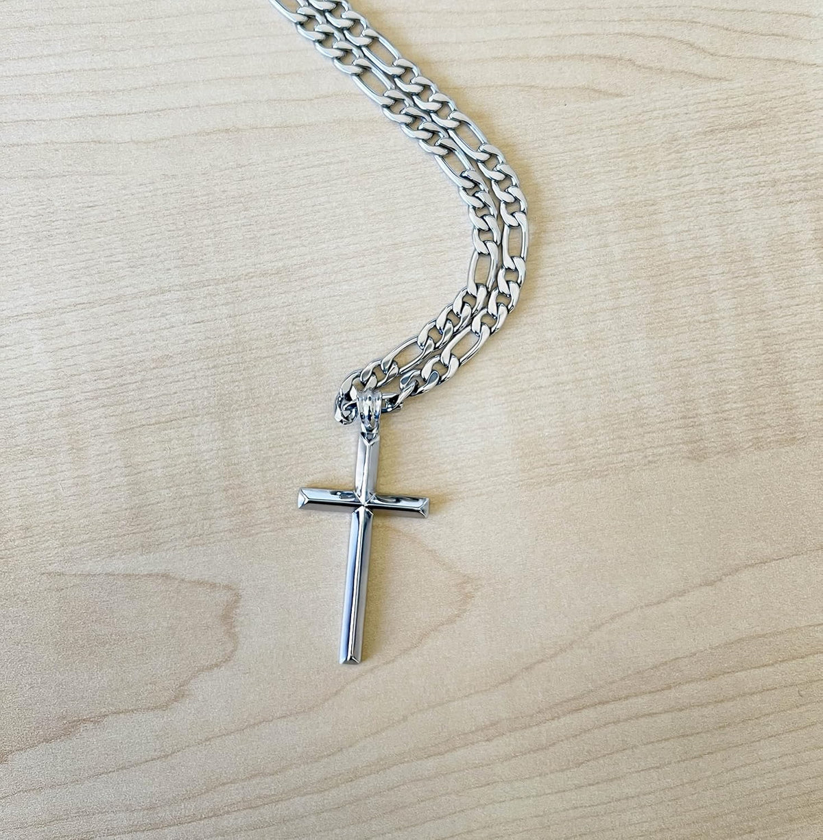 Beveled Cross Necklace – Figaro or Cuban Chain – 14K White Gold