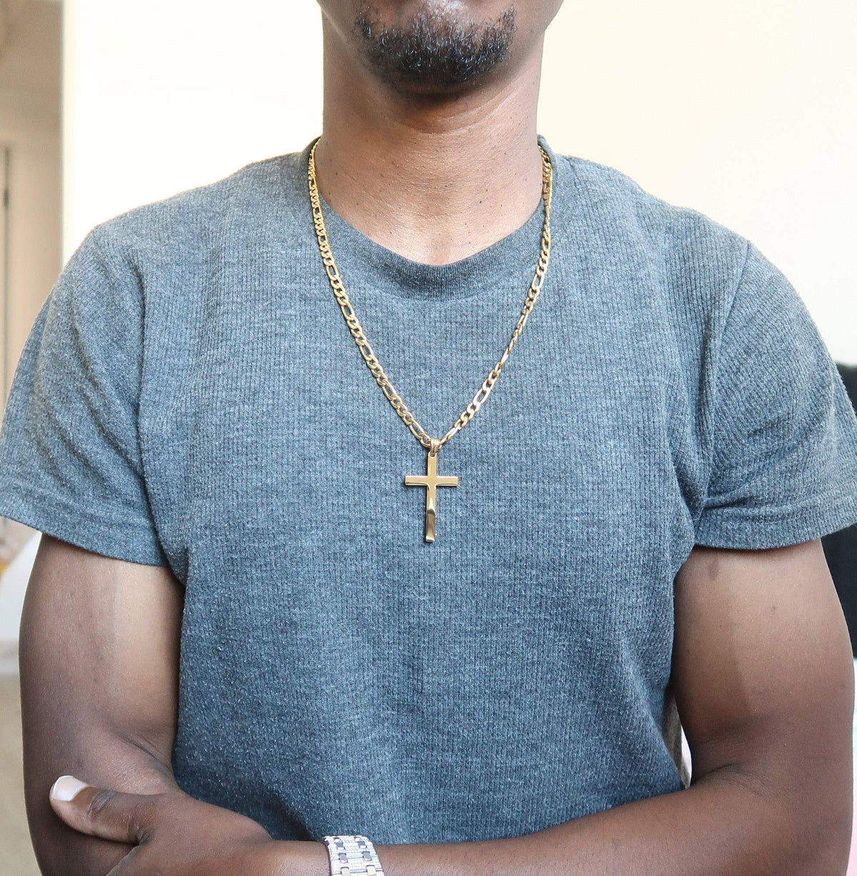 Flat Cross Necklace – Figaro Chain – 14K Gold