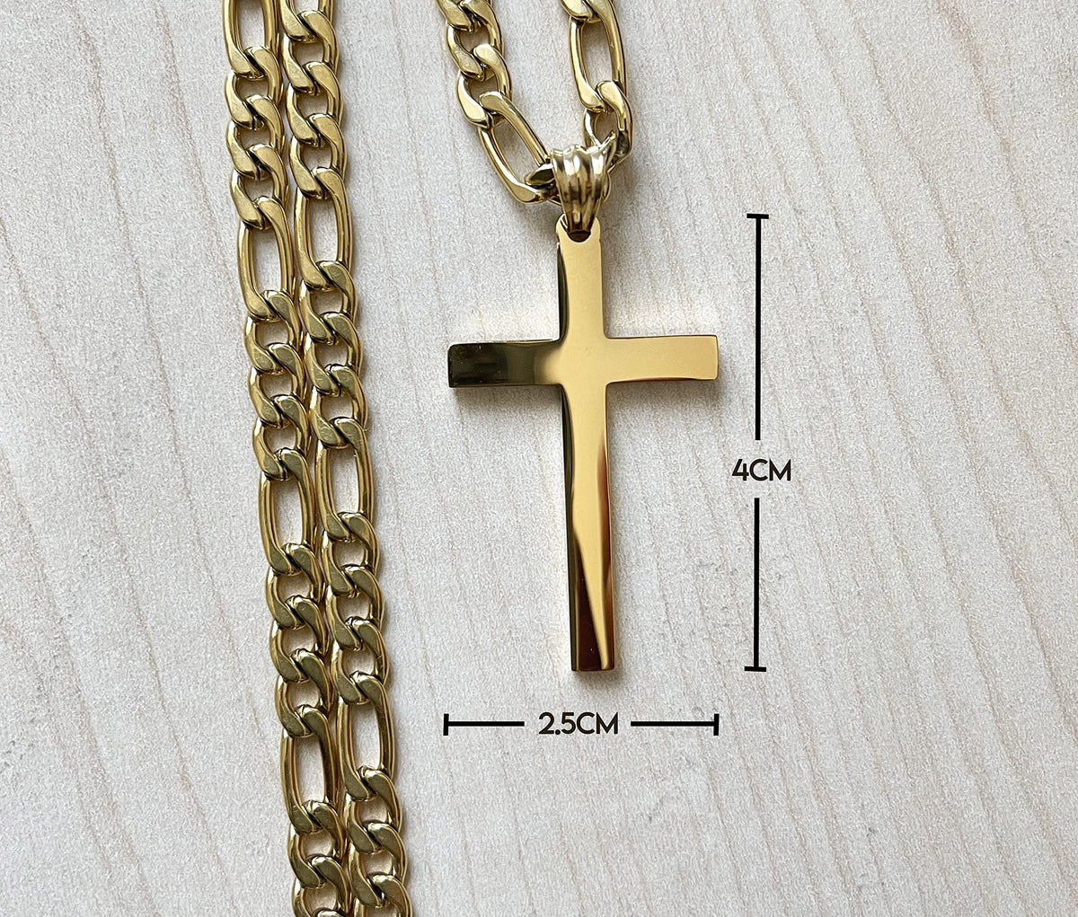Flat Cross Necklace – Figaro Chain – 14K Gold