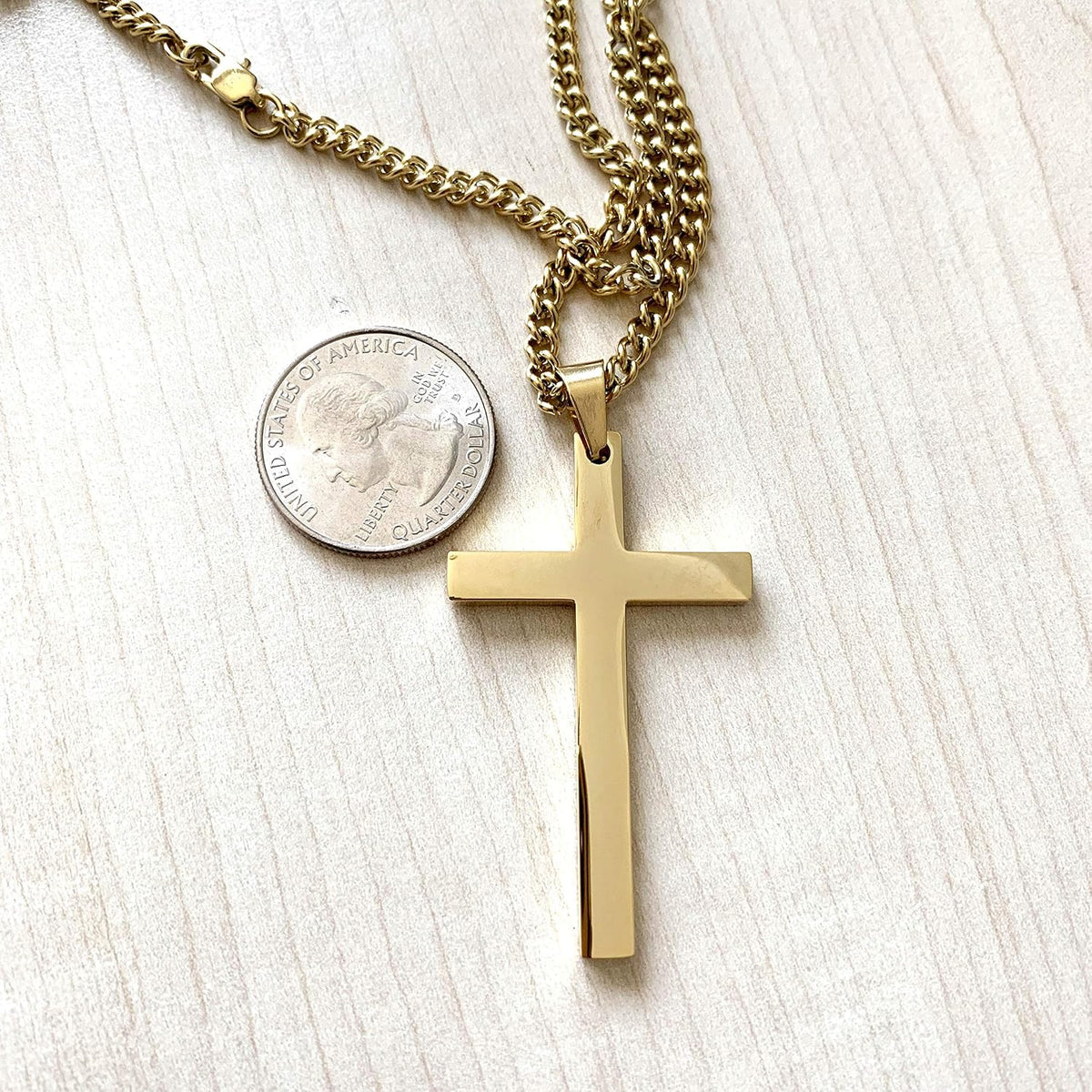 Large Flat Cross Necklace – Cuban Chain – 14K Gold