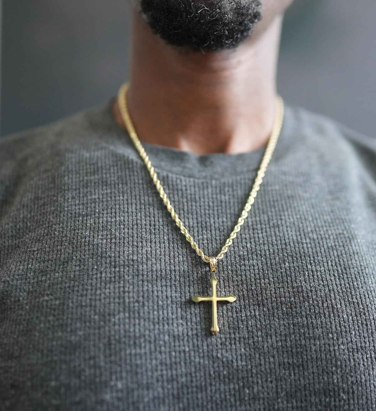 Budded Cross Necklace – 3mm Rope Chain – 14K Gold