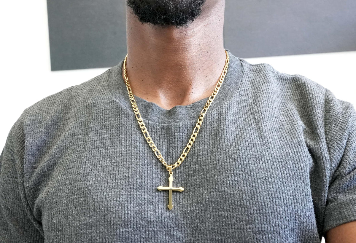 Budded Cross Necklace – 5mm Figaro Chain – 24K Gold