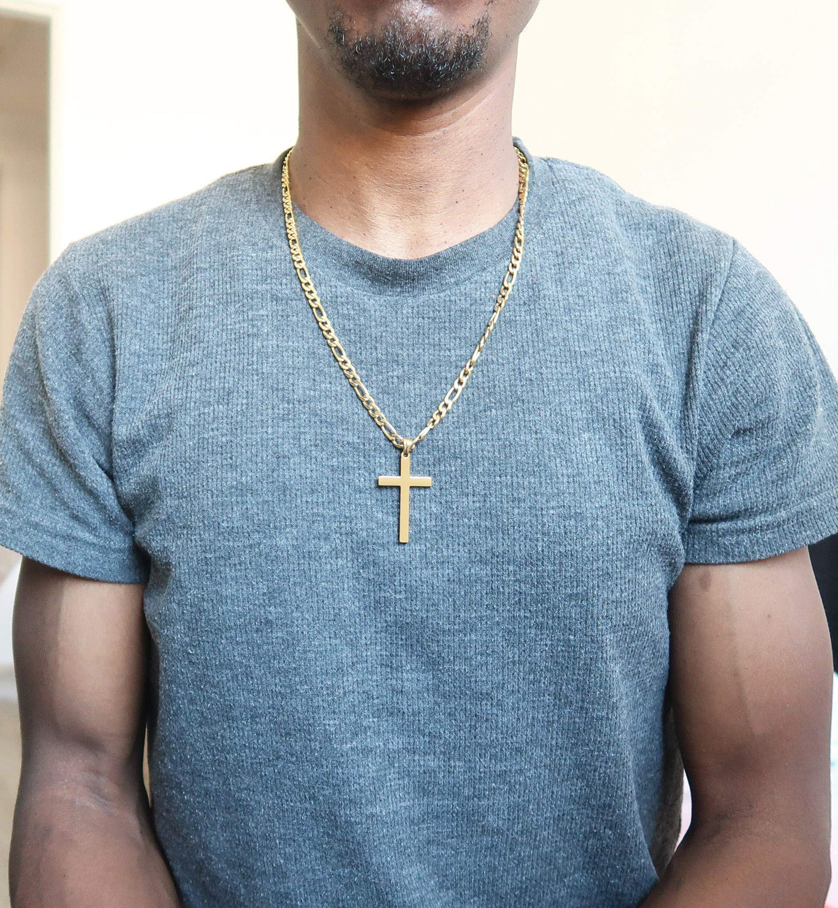 Flat Cross Necklace – Figaro Chain – 14K Gold
