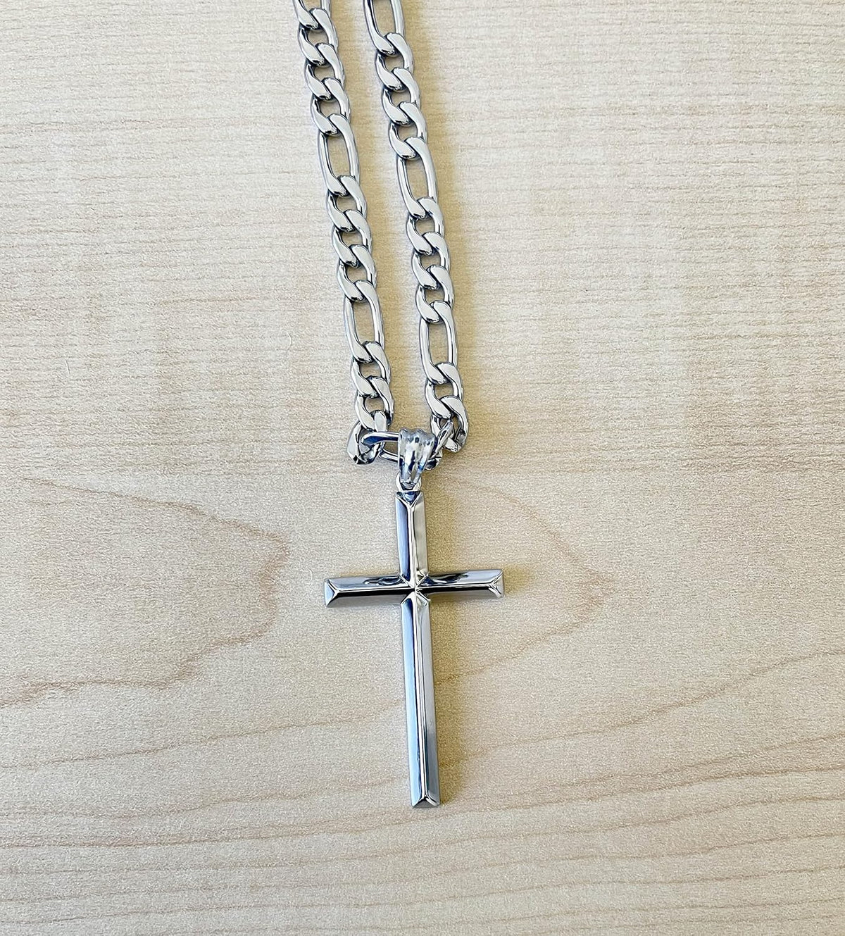 Beveled Cross Necklace – Figaro or Cuban Chain – 14K White Gold