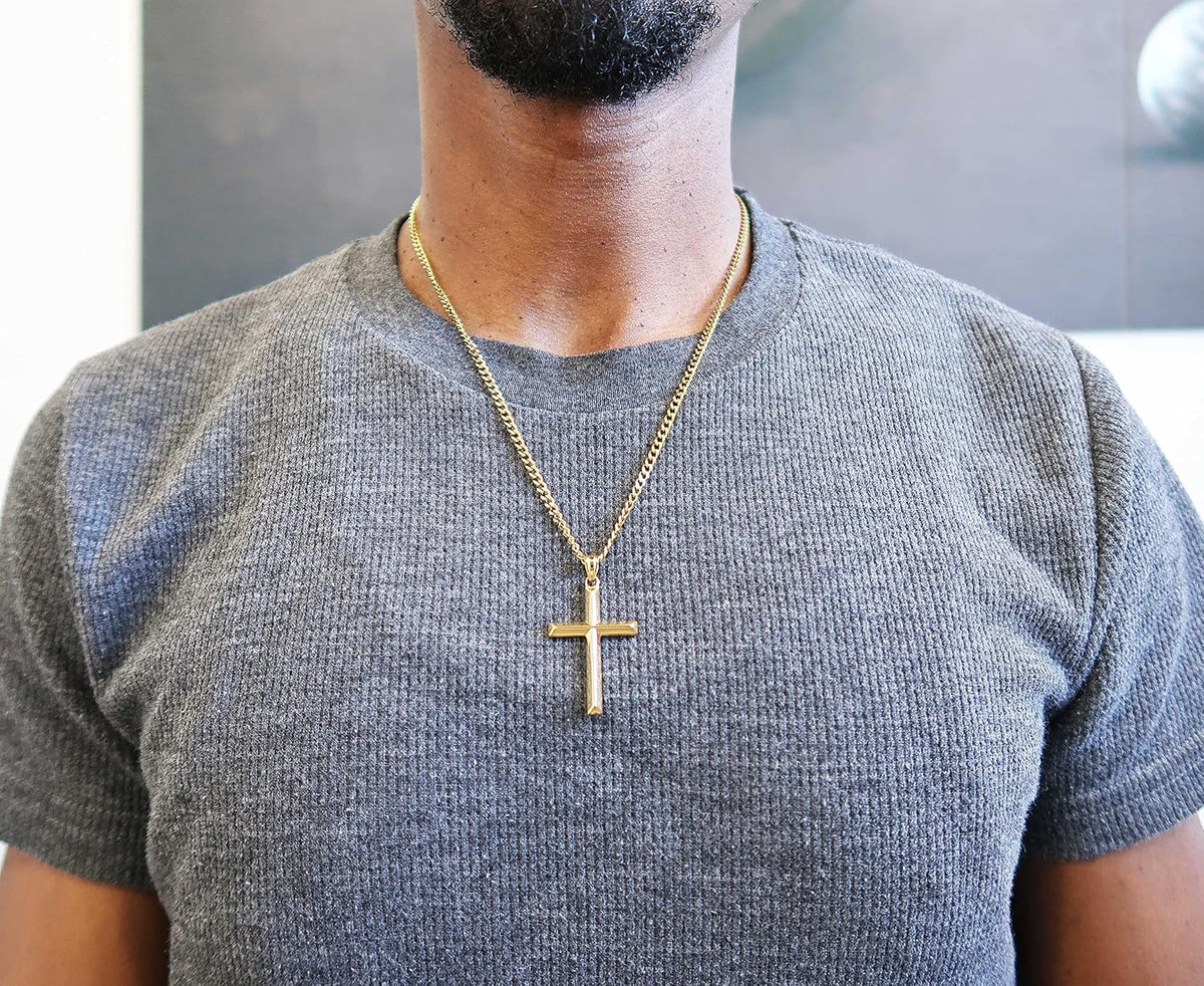 Small Beveled Cross Necklace – 3mm Cuban Chain – 14K Gold