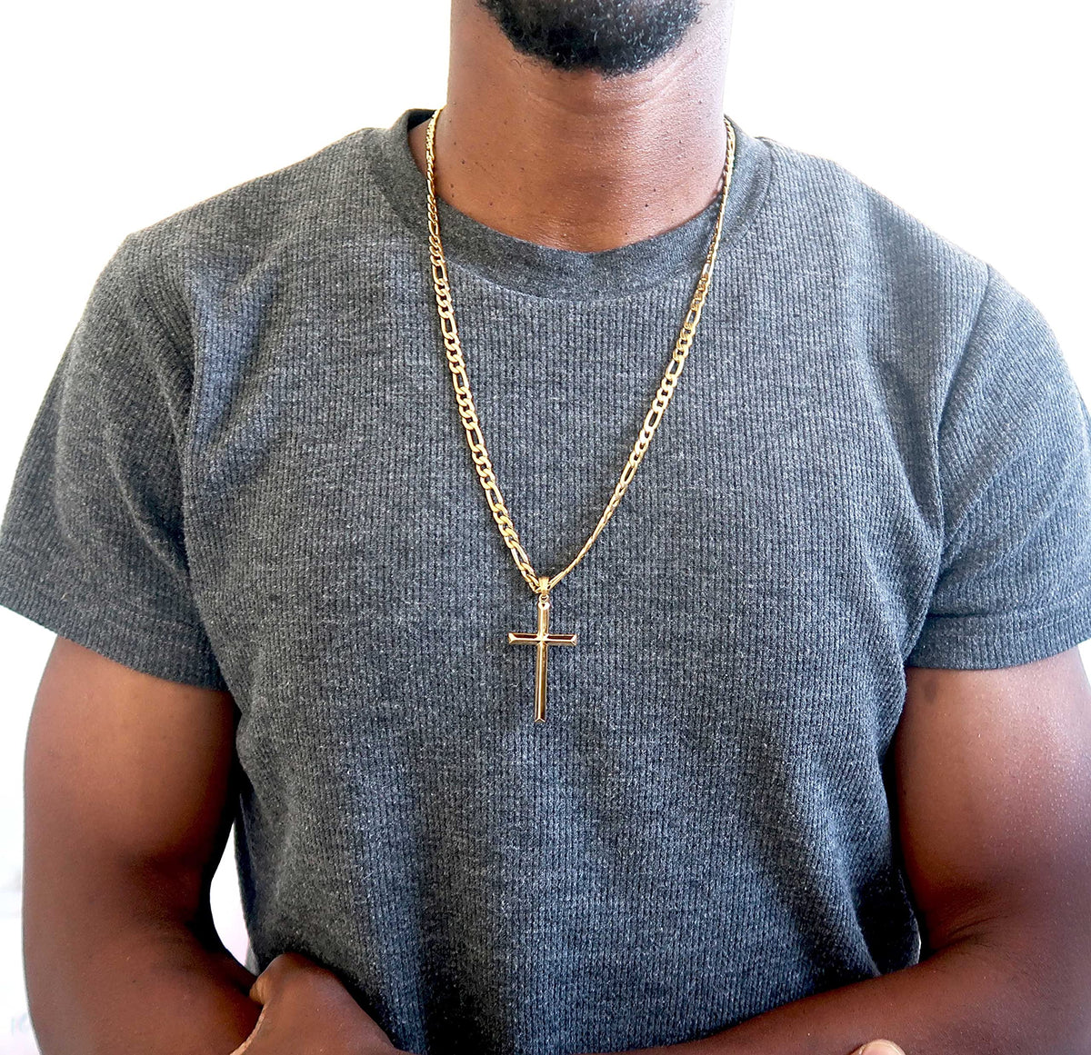 Beveled Cross Necklace – 5mm Figaro Chain – 18K Gold