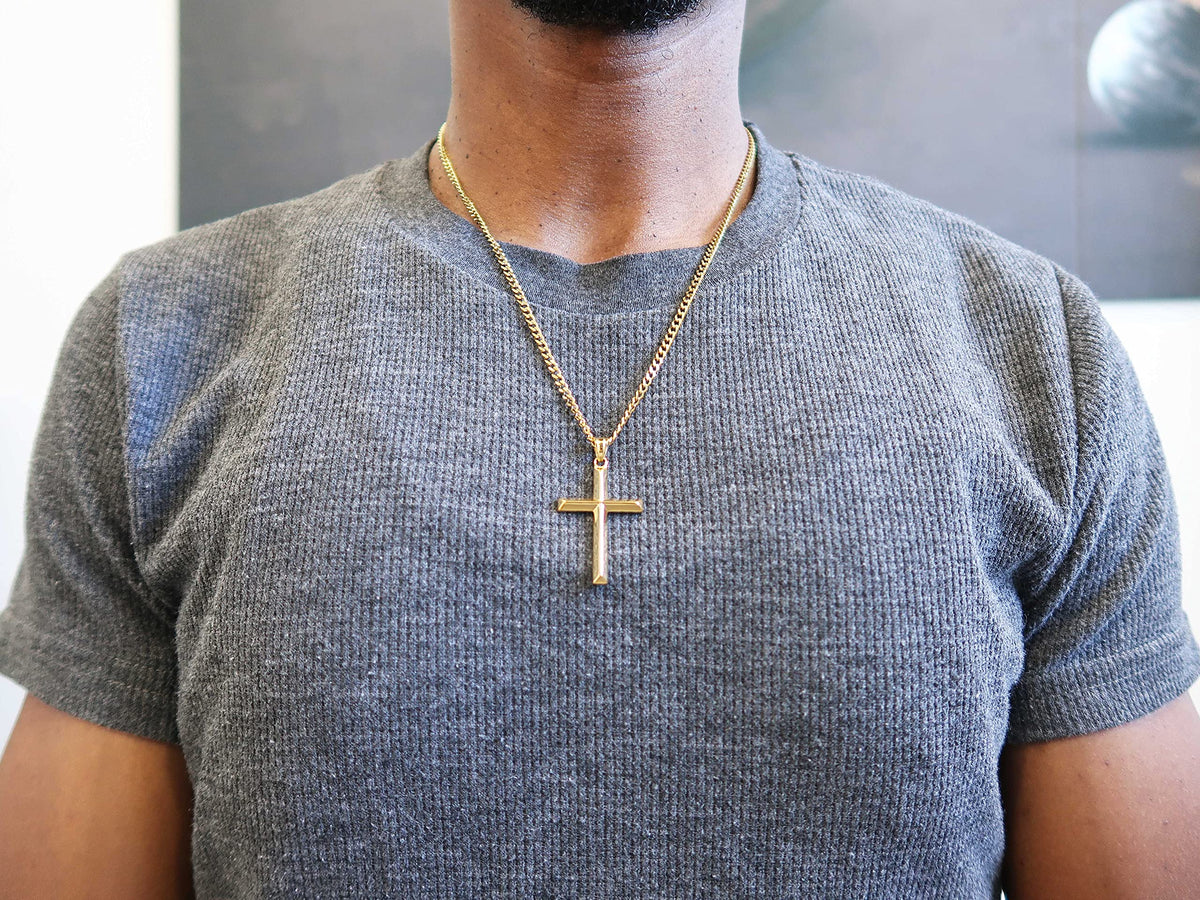 Small Beveled Cross Necklace – 3mm Cuban Chain – 14K Gold