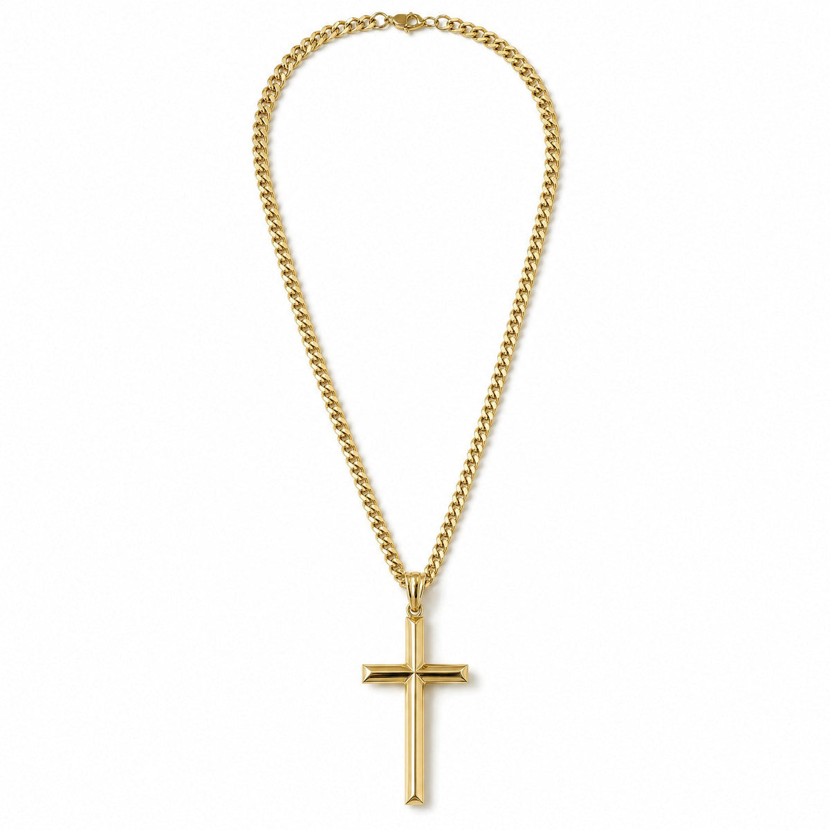 Small Beveled Cross Necklace – 3mm Cuban Chain – 14K Gold