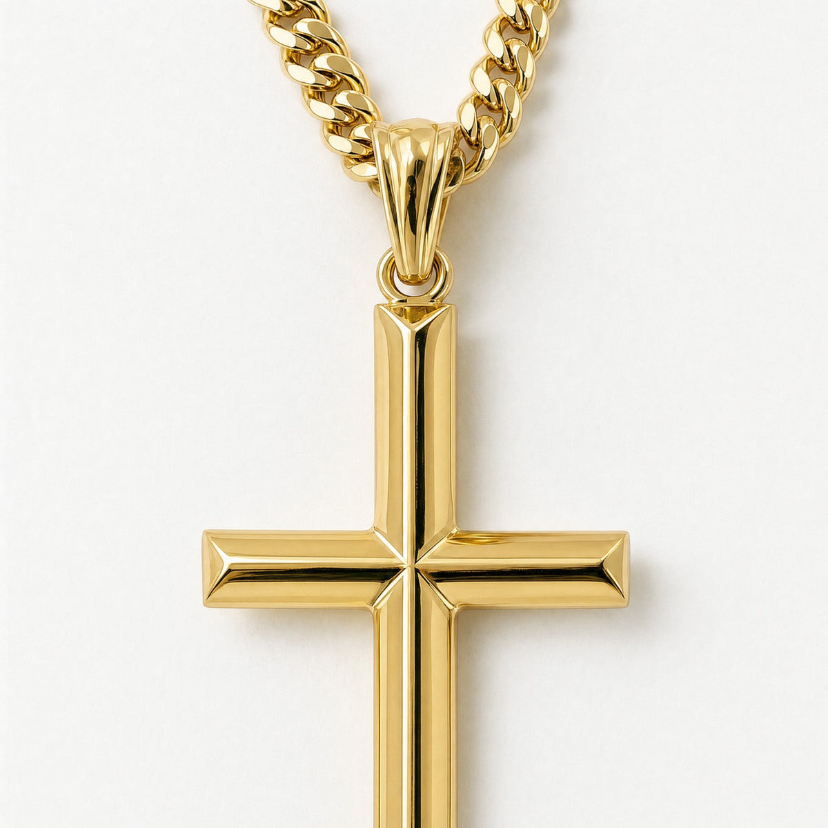 Small Beveled Cross Necklace – 3mm Cuban Chain – 14K Gold