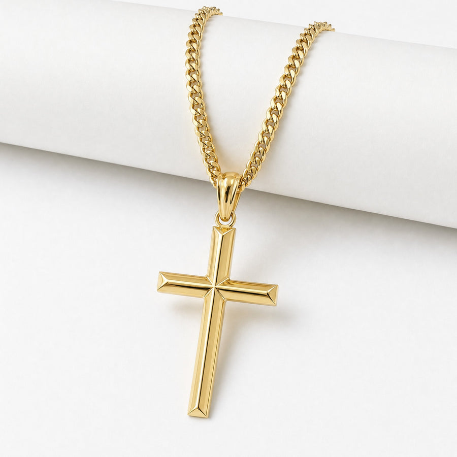 Small Beveled Cross Necklace – 3mm Cuban Chain – 18K Gold