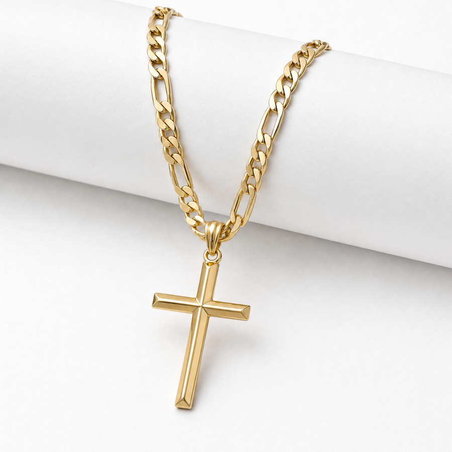 Beveled Cross Necklace – 5mm Figaro Chain – 18K Gold