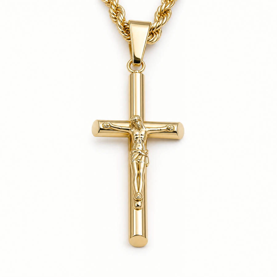 Crucifix Necklace – 3mm Rope Chain – 14K Gold