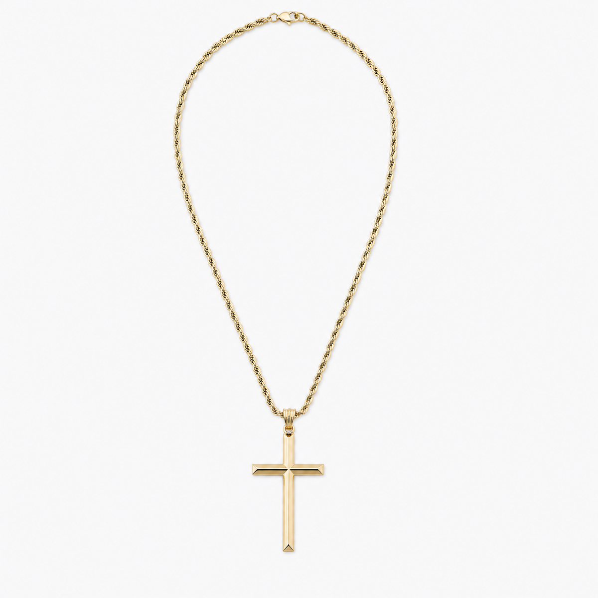 Beveled Cross Necklace – 3mm Rope Chain – 14K Gold