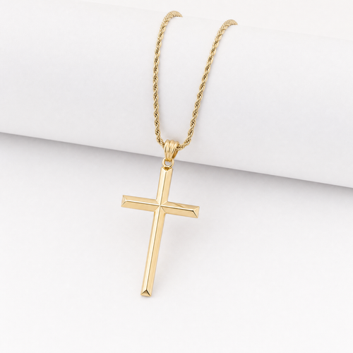 Beveled Cross Necklace – 3mm Rope Chain – 14K Gold