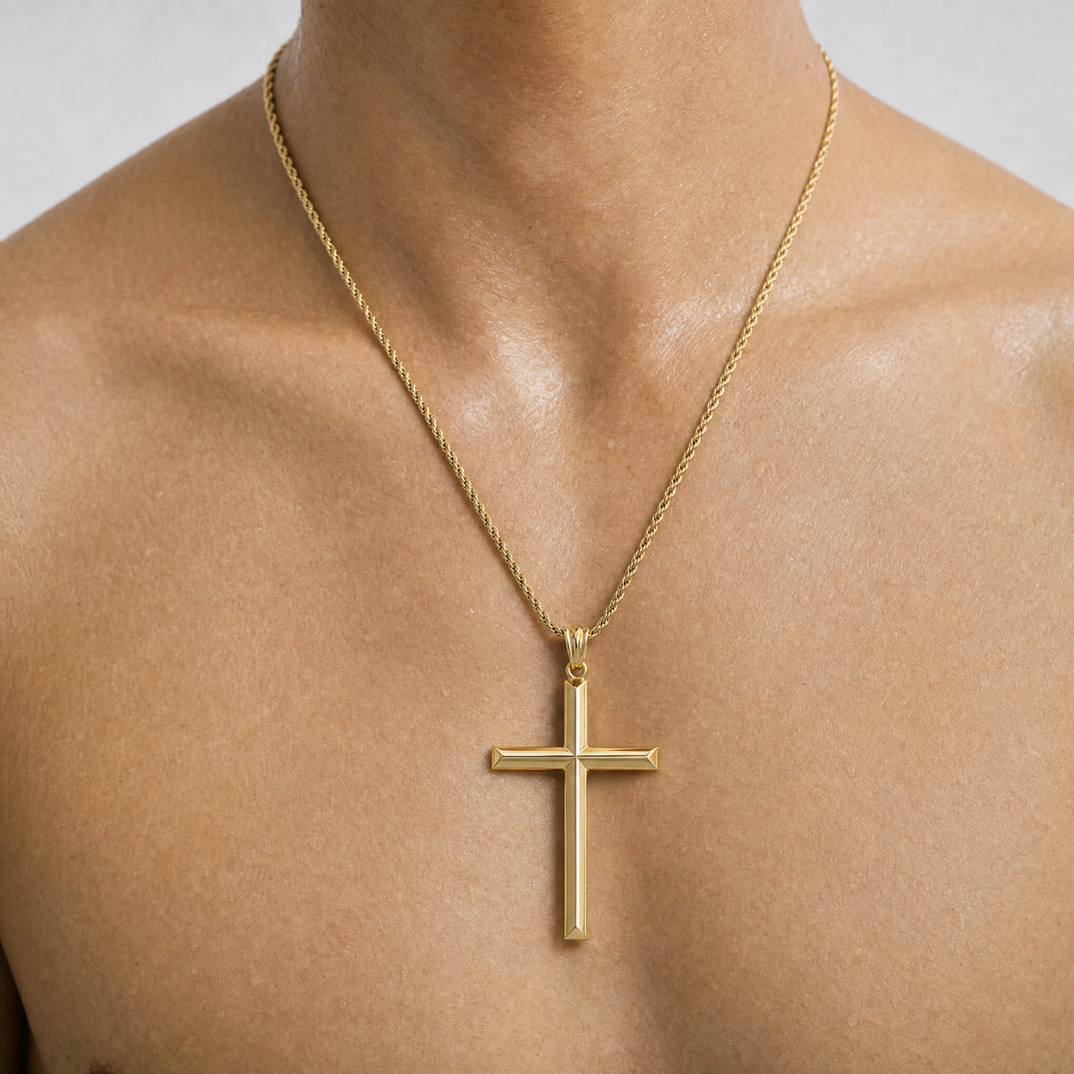 Beveled Cross Necklace – 3mm Rope Chain – 24K Gold