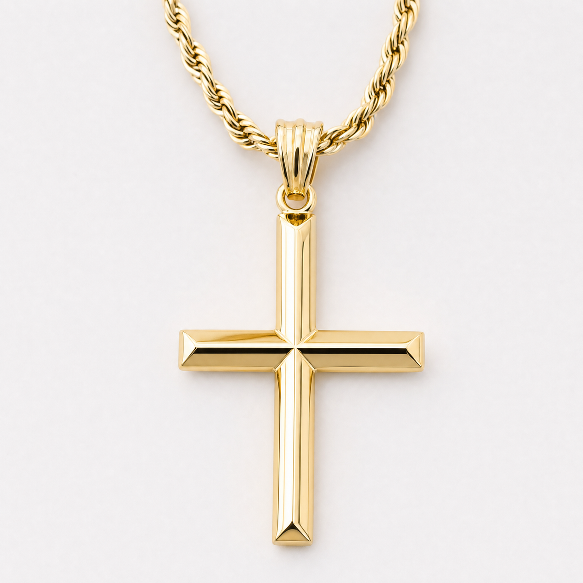 Beveled Cross Necklace – 3mm Rope Chain – 24K Gold