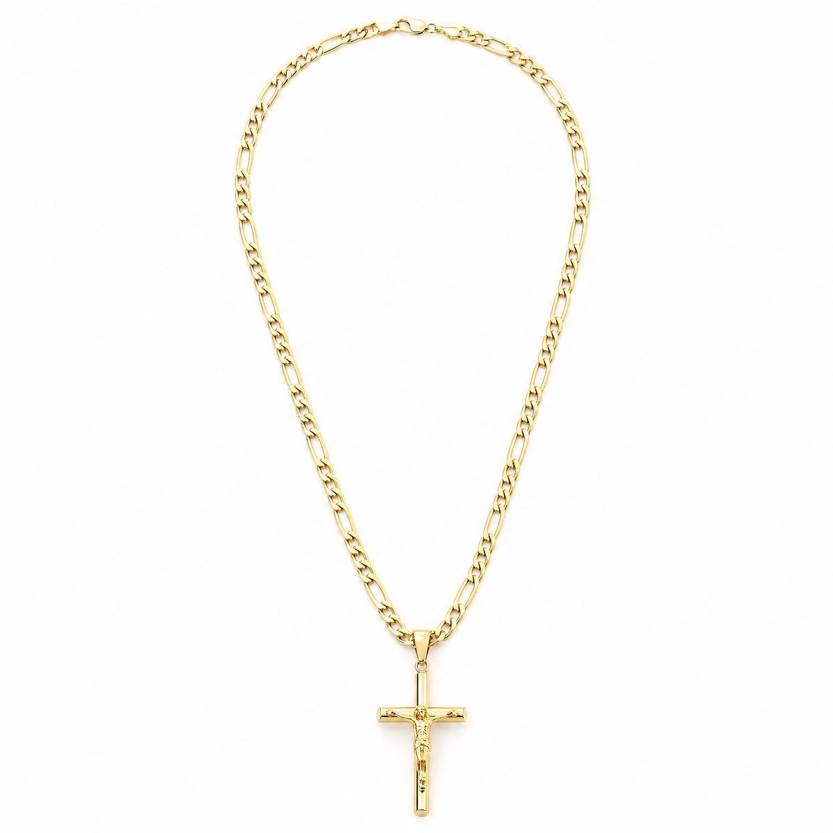 Crucifix Necklace – 5mm Figaro Chain – 14K Gold