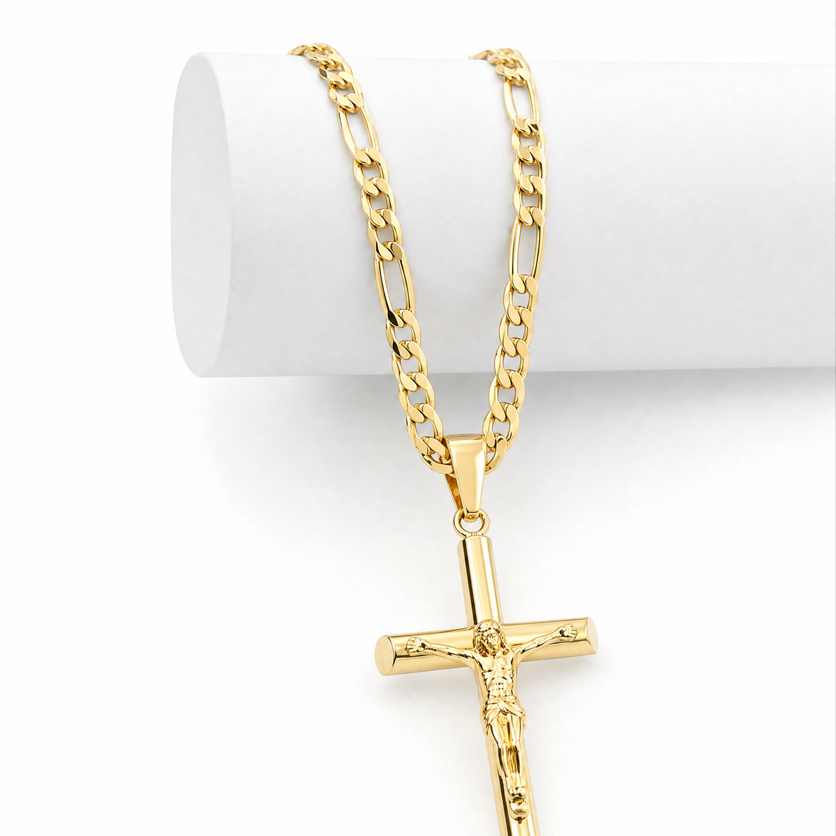 Small Crucifix Necklace – 5mm Figaro Chain – 18K Gold