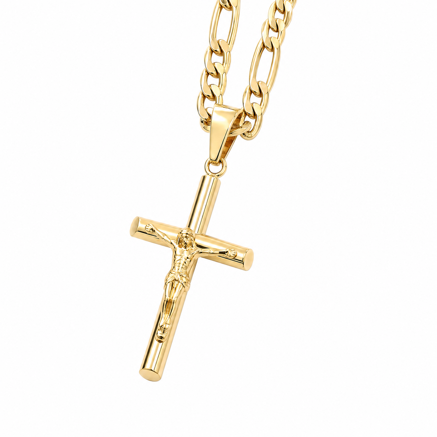 Small Crucifix Necklace – 5mm Figaro Chain – 18K Gold