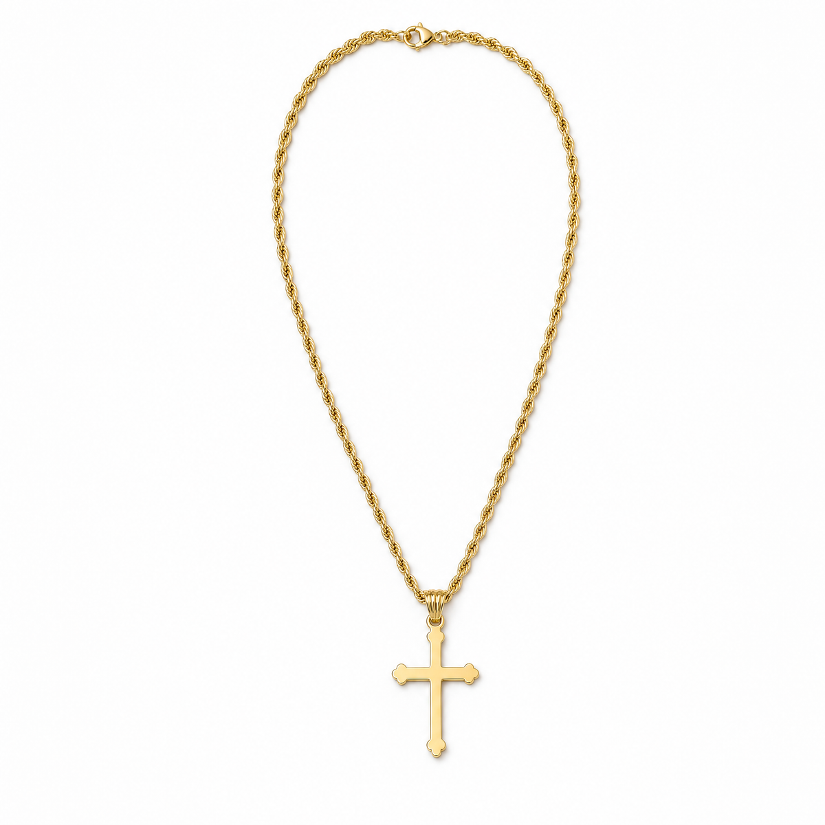 Budded Cross Necklace – 3mm Rope Chain – 14K Gold