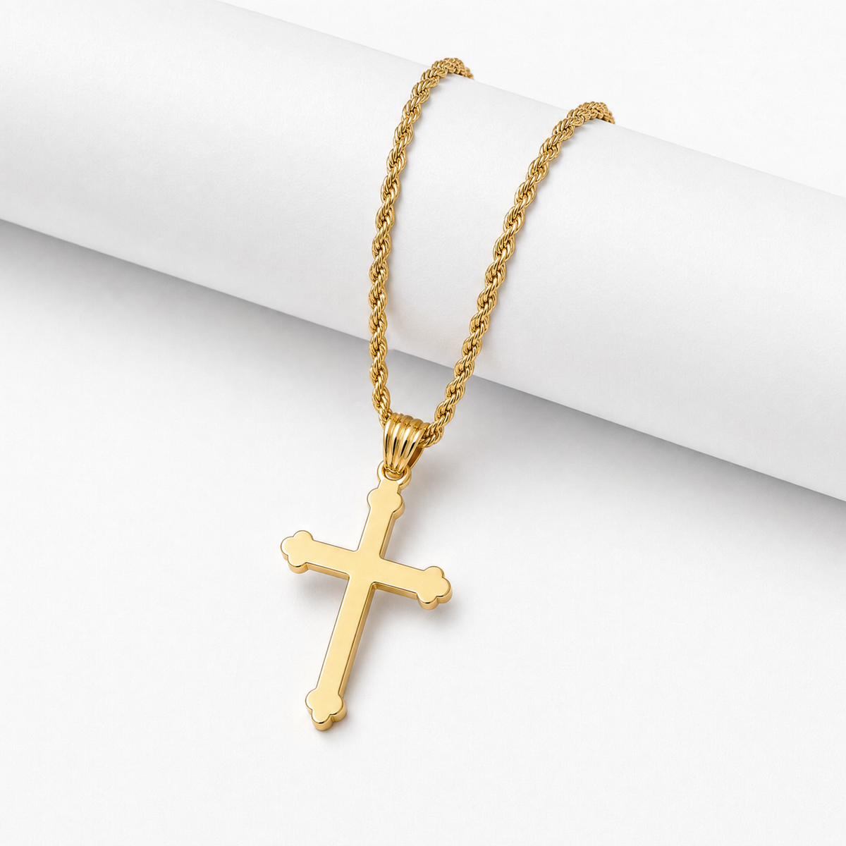 Budded Cross Necklace – 3mm Rope Chain – 18K Gold